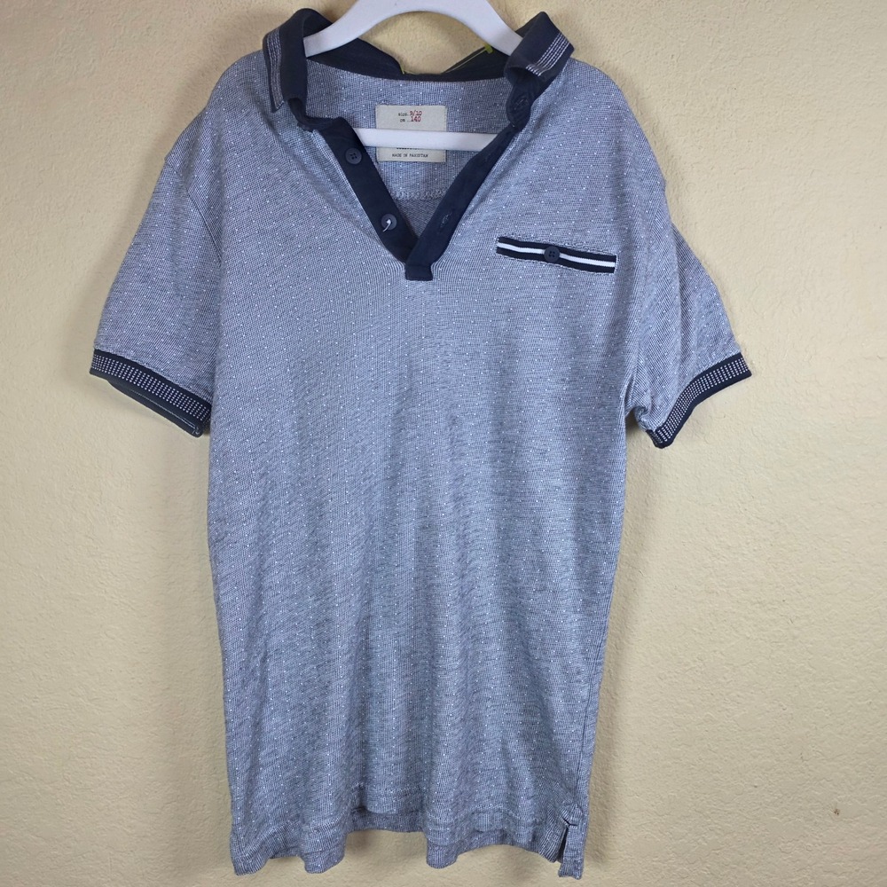 Zara Boys Grey Textured Cotton Polo Shirt Navy Trim Size 9/10‎ school dressy